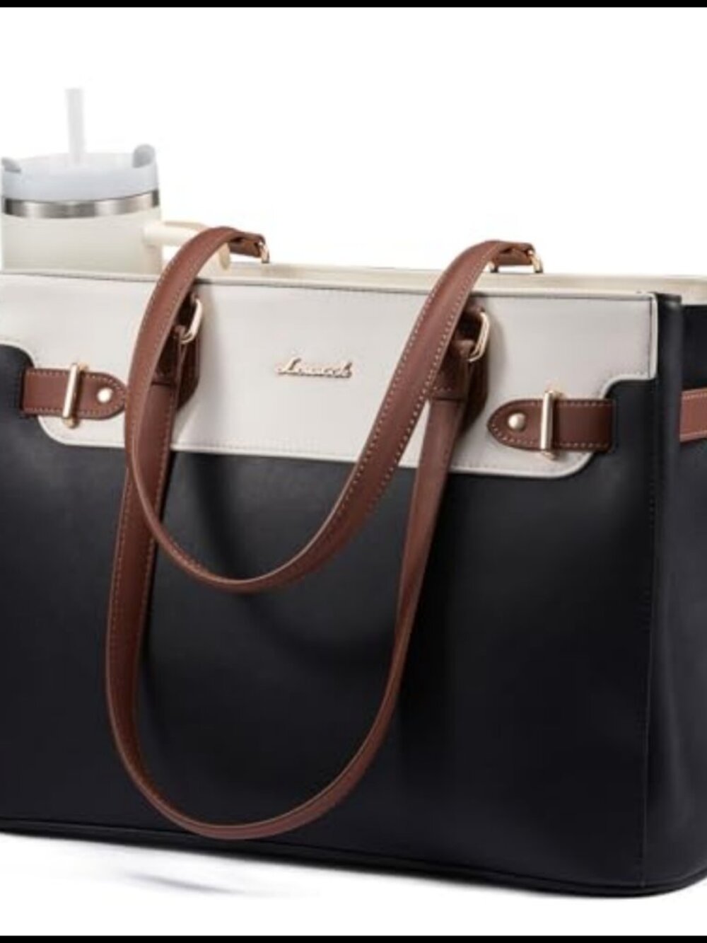 Women's Waterproof Leather Laptop Tote Bag for Work, Teacher Tote with Cup